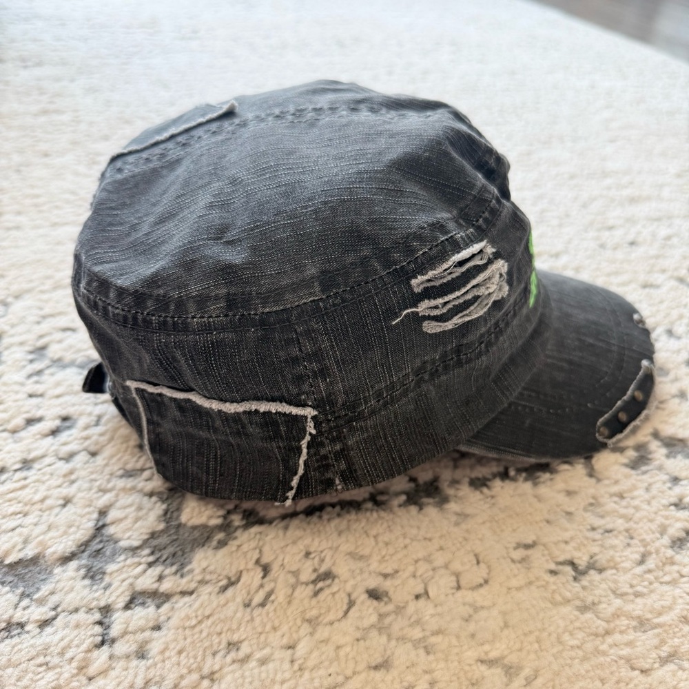 Woman’s Distressed Military Style Black Hat with Green Embroidery - Picture 2 of 9